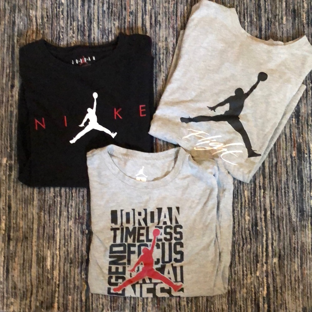 3 Air Jordan tee shirts, 2 gray and 1 black, youth large